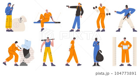 Criminal characters. Prisoners and different offenders. Arrested hooligans. Robbers and scammers. Gangsters with guns. Bandits stealing money. Convicted broke law people vector set 104773891