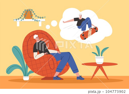 Cartoon lazy man dreams. Guy fell asleep in comfortable chair. Extreme skateboard jumps in thoughts cloud. Boy imagining about riding skateboard. Sedentary lifestyle. Vector concept 104773902