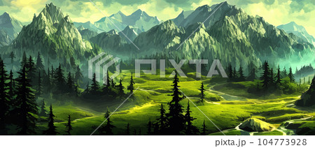 Foggy mountains landscape landscape vector illustration. Smoky rocky panorama with mountain mountains and silhouettes for pine forest. Evergreen forests and green meadows. Mountains in fog with forest 104773928