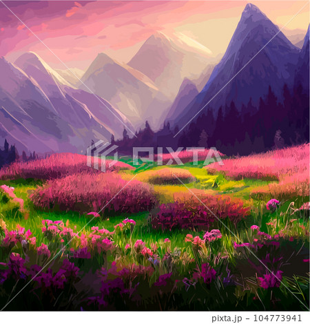 Beautiful field of tulips growing on the slope, mountains and sky illustration. Abstract field illustration. landscape spring vector background. Netherlands nature. Cover template. Poster 104773941