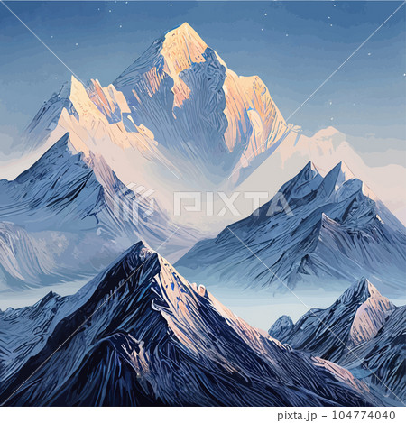 Realistic illustration mountain landscape with a hill forest with coniferous trees, under blue winter sky with space for text. Gray mountains forest retro vintage vector background illustration. 104774040
