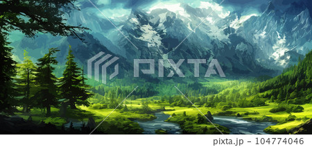 Foggy mountains landscape landscape vector illustration. Smoky rocky panorama with mountain mountains and silhouettes for pine forest. Evergreen forests and green meadows. Mountains in fog with forest Foggy mountains landscape landscape vector illustration. Smoky rocky panorama with mountain mountains and silhouettes for pine forest. Evergreen forests and green meadows. Mountains in fog with forest 104774046