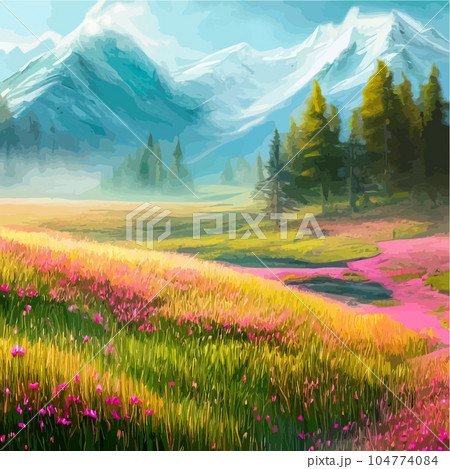 Beautiful field of tulips growing on the slope, mountains and sky illustration. Abstract field illustration. landscape spring vector background. Netherlands nature. Cover template. Poster Beautiful field of tulips growing on the slope, mountains and sky illustration. Abstract field illustration. landscape spring vector background. Netherlands nature. Cover template. Poster 104774084