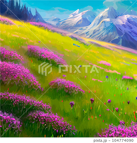 Beautiful field of tulips growing on the slope, mountains and sky illustration. Abstract field illustration. landscape spring vector background. Netherlands nature. Cover template. Poster 104774090