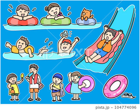 水遊び　夏休みの子供たちセット　シール風　 104774096