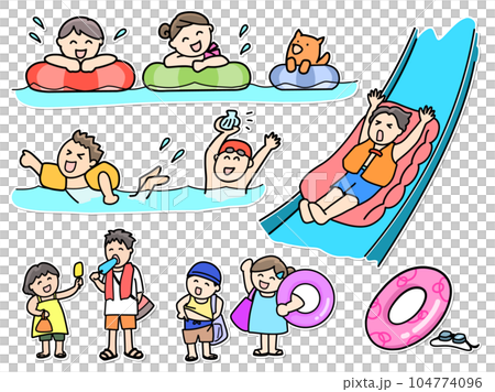 Playing in the water Summer vacation children set Sticker style Playing in the water Summer vacation children set Sticker style 104774096