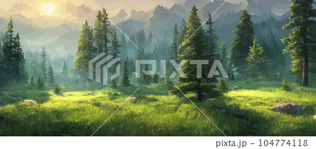 Vector horizontal landscape with fog, forest, mountains, morning sunlight. Illustration panoramic view, fogs silhouettes. Nice wallpaper, background, banner, cover, poster. natural clean landscape 104774118