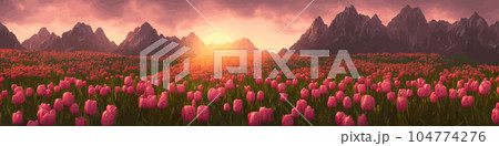 A field of tulips against the backdrop of mountains. Spring banner vector illustration. huge field of colorful tulips. Behind the field is a mountain range. Sunset. clouds of orange 104774276
