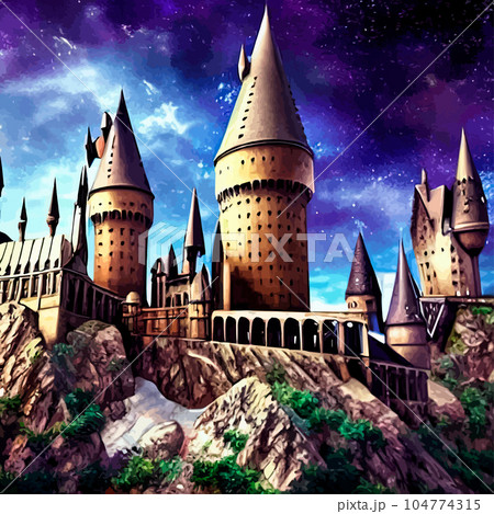Cartoon castle on a hill in rainy weather. Landscape of a fairy kingdom in the moonlight at night. Medieval palace with towers, stream, trees, a field and a bridge with a road to the Royal Castle. 104774315