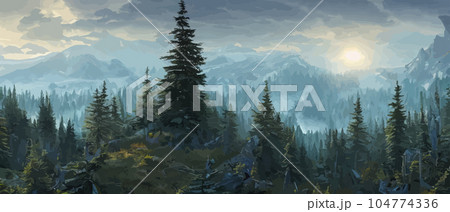 Vector horizontal landscape with fog, forest, mountains, morning sunlight. Illustration panoramic view, fogs silhouettes. Nice wallpaper, background, banner, cover, poster. natural clean landscape 104774336