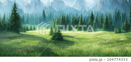 Vector horizontal landscape with fog, forest, mountains, morning sunlight. Illustration panoramic view, fogs silhouettes. Nice wallpaper, background, banner, cover, poster. natural clean landscape Vector horizontal landscape with fog, forest, mountains, morning sunlight. Illustration panoramic view, fogs silhouettes. Nice wallpaper, background, banner, cover, poster. natural clean landscape 104774353