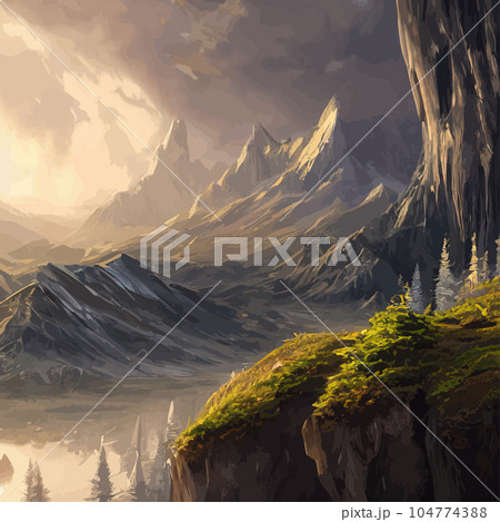 Mountain mature silhouette element outdoor icon snowy ice peaks and decorative, Realistic illustration of mountain landscape with hill and forest with coniferous trees 104774388