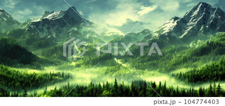 Foggy mountains landscape landscape vector illustration. Smoky rocky panorama with mountain mountains and silhouettes for pine forest. Evergreen forests and green meadows. Mountains in fog with forest 104774403