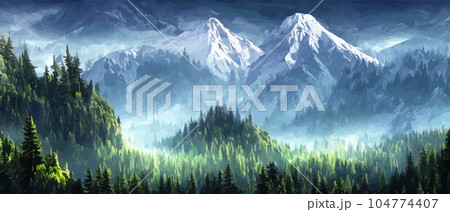 Foggy mountains landscape landscape vector illustration. Smoky rocky panorama with mountain mountains and silhouettes for pine forest. Evergreen forests and green meadows. Mountains in fog with forest Foggy mountains landscape landscape vector illustration. Smoky rocky panorama with mountain mountains and silhouettes for pine forest. Evergreen forests and green meadows. Mountains in fog with forest 104774407