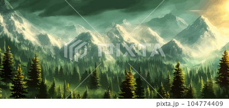 Foggy mountains landscape landscape vector illustration. Smoky rocky panorama with mountain mountains and silhouettes for pine forest. Evergreen forests and green meadows. Mountains in fog with forest Foggy mountains landscape landscape vector illustration. Smoky rocky panorama with mountain mountains and silhouettes for pine forest. Evergreen forests and green meadows. Mountains in fog with forest 104774409