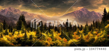 Wild natural landscape with mountains, coniferous forest with copy space. Great travel advertising, brochures, labels. Vector banner illustration. Idyllic amazing landscapes nature. beautiful season  104774440