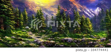 Wild natural landscape with mountains, coniferous forest with copy space. Great travel advertising, brochures, labels. Vector banner illustration. Idyllic amazing landscapes nature. beautiful season  104774441