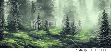 Wild natural landscape with mountains, coniferous forest with copy space. Great travel advertising, brochures, labels. Vector banner illustration. Idyllic amazing landscapes nature. beautiful season Wild natural landscape with mountains, coniferous forest with copy space. Great travel advertising, brochures, labels. Vector banner illustration. Idyllic amazing landscapes nature. beautiful season 104774442