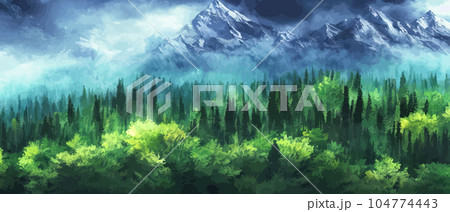 Wild natural landscape with mountains, coniferous forest with copy space. Great travel advertising, brochures, labels. Vector banner illustration. Idyllic amazing landscapes nature. beautiful season  104774443