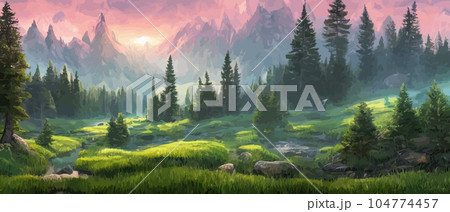 Vector horizontal landscape with fog, forest, mountains, morning sunlight. Illustration panoramic view, fogs silhouettes. Nice wallpaper, background, banner, cover, poster. natural clean landscape 104774457