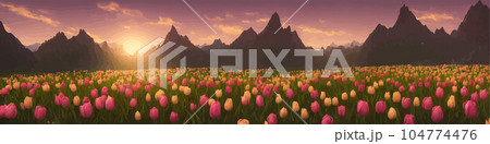 A field of tulips against the backdrop of mountains. Spring banner vector illustration. huge field of colorful tulips. Behind the field is a mountain range. Sunset. clouds of orange 104774476