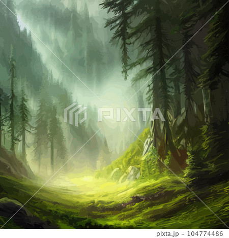 Nature and landscape. Vector illustration trees, forests, mountains, plants. Image for background, card or cover. Illustration. Natural landscape with spruce trees. Modern minimal abstract background  104774486