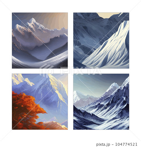 set of four nature posters. Mountain mature silhouette element outdoor icon snowy ice peaks and decorative, Realistic illustration of mountain landscape with hill and forest with coniferous trees 104774521