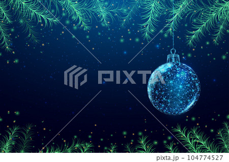 Christmas tree branches, low poly style. Banner for the concept of Christmas or New Year with a place for an inscription. Abstract modern vector illustration on blue background 104774527