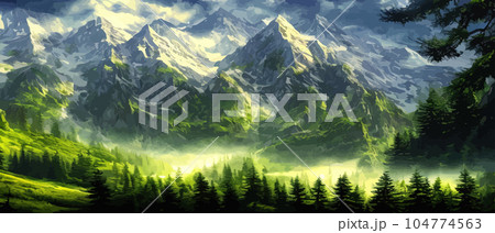 Foggy mountains landscape landscape vector illustration. Smoky rocky panorama with mountain mountains and silhouettes for pine forest. Evergreen forests and green meadows. Mountains in fog with forest 104774563