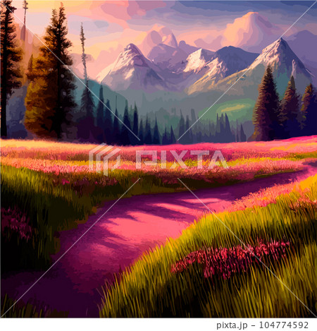Beautiful field of tulips growing on the slope, mountains and sky illustration. Abstract field illustration. landscape spring vector background. Netherlands nature. Cover template. Poster 104774592