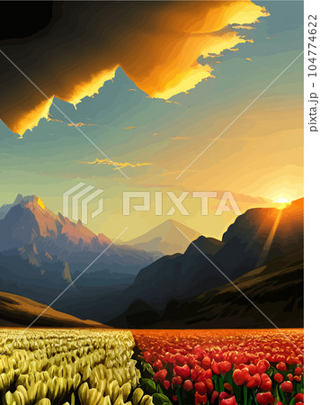 Vector spring background. Dutch landscape with tulip field, trees, hills, mountains. Floral vertical landscape poster cartoon hand drawn style. For posters, advertisements, wallpapers, landing pages Vector spring background. Dutch landscape with tulip field, trees, hills, mountains. Floral vertical landscape poster cartoon hand drawn style. For posters, advertisements, wallpapers, landing pages 104774622
