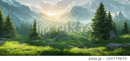 Vector horizontal landscape with fog, forest, mountains, morning sunlight. Illustration panoramic view, fogs silhouettes. Nice wallpaper, background, banner, cover, poster. natural clean landscape 104774670