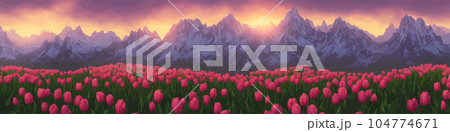 A field of tulips against the backdrop of mountains. Spring banner vector illustration. huge field of colorful tulips. Behind the field is a mountain range. Sunset. clouds of orange 104774671