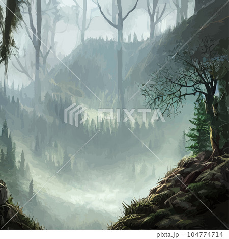 Nature and landscape. Vector illustration trees, forests, mountains, plants. Image for background, card or cover. Illustration. Natural landscape with spruce trees. Modern minimal abstract background  104774714