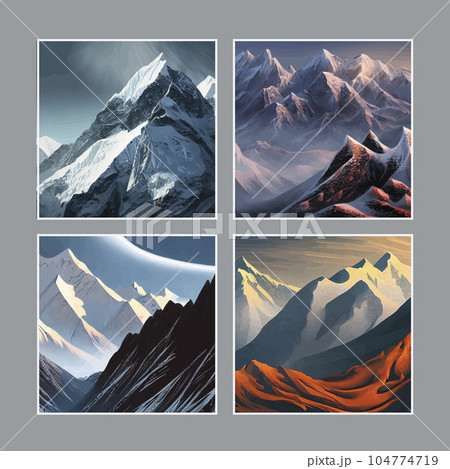 set of four nature posters. Mountain mature silhouette element outdoor icon snowy ice peaks and decorative, Realistic illustration of mountain landscape with hill and forest with coniferous trees 104774719
