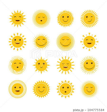 Suns set. Bright suns in cartoon style with joyful emotions. Smiling cheerful suns. Icons . Cartoon children s vector image 104775584