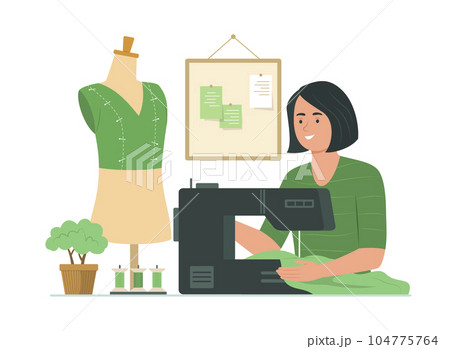 Dressmaker Woman Sewing Clothes with Sewing Machine 104775764
