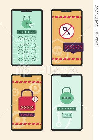 Smartphones with Login Screen Warning for Cyber Security Concept Illustration 104775767