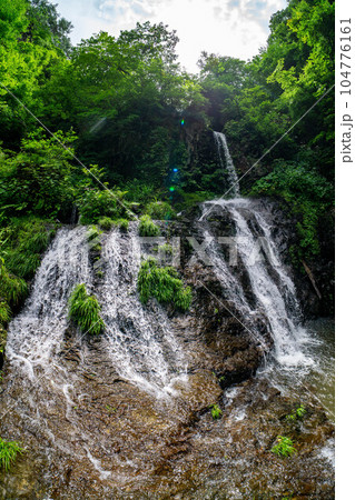 魚眼レンズで写す新緑に包まれたくぐり滝 104776161