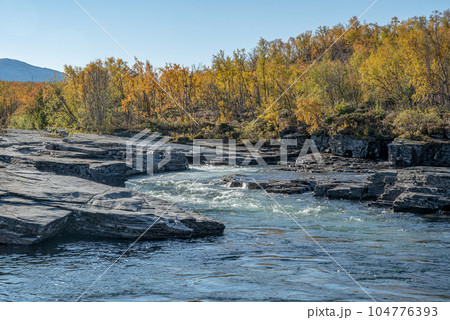 Autum Abisko Canyon River Abiskojakka National Park, Norrbottens, Norrbottens Lapland landscape north of Sweden Autum Abisko Canyon River Abiskojakka National Park, Norrbottens, Norrbottens Lapland landscape north of Sweden 104776393