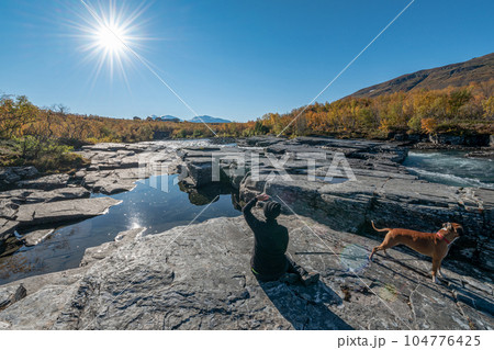 Autum Abisko Canyon River Abiskojakka National Park, Norrbottens, Norrbottens Lapland landscape north of Sweden 104776425
