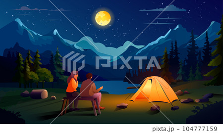 couple sitting near tent camping area night campsite summer camp travel vacation concept mountains landscape 104777159