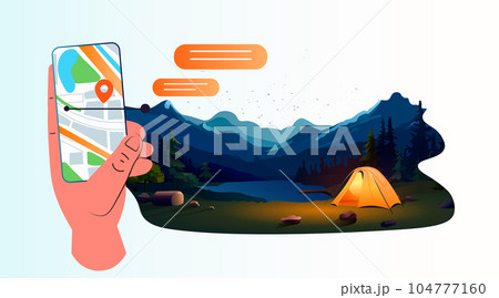 human hand using navigation map on smartphone screen tent camping area night campsite summer vacation concept 104777160