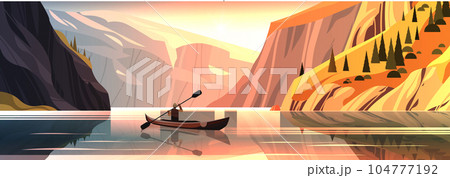 man tourist traveling in boat along mountain river beautiful scenery nature landscape background active summer vacation concept 104777192
