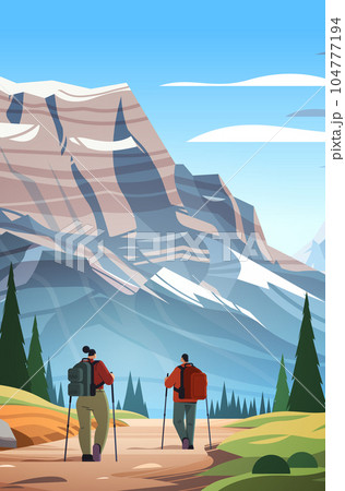 rear view of tourists hikers with backpacks travels along mountains and enjoying the view over beautiful nature landscape 104777194