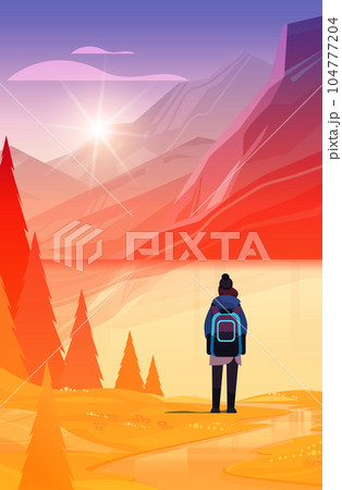 rear view of tourist with backpack travels along mountains and enjoying the view over beautiful nature landscape travelling hiking rear view of tourist with backpack travels along mountains and enjoying the view over beautiful nature landscape travelling hiking 104777204
