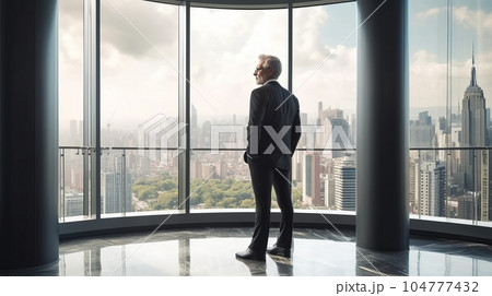 A middle-aged businessman in an office stands and looks out a large floor-to-ceiling window. AI generated. A middle-aged businessman in an office stands and looks out a large floor-to-ceiling window. AI generated. 104777432