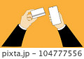 The hand holds the credit card. Credit card, dollar credit card. Money, bitcoin, cryptocurrency. Finance, investments. The hand is holding the phone. Pay online. 104777556