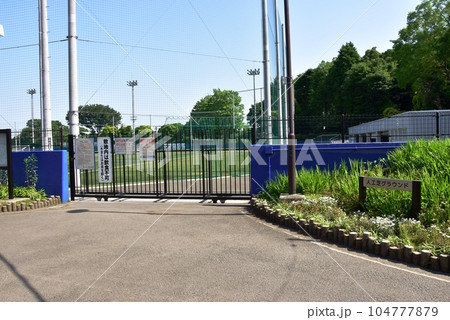 相模原市　横山公園の人工芝グラウンド出入口と新緑 104777879
