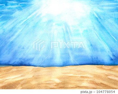 Seascape. Seabed ocean, underwater landscape background with sunshine. Watercolor illustrations undersea bottom for kids print, decoration and design Seascape. Seabed ocean, underwater landscape background with sunshine. Watercolor illustrations undersea bottom for kids print, decoration and design 104778054